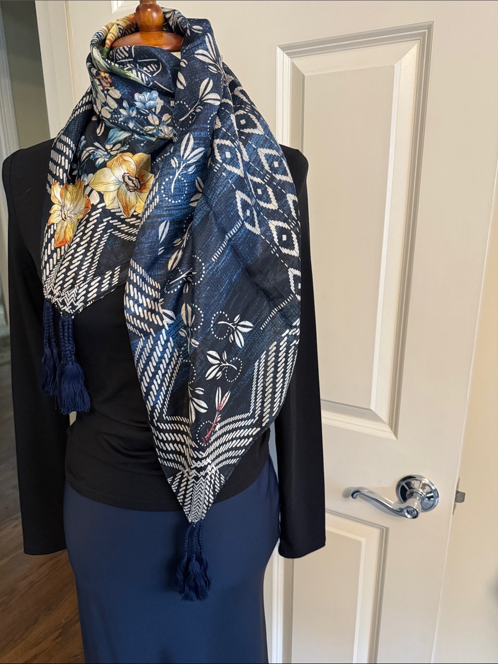 Johnny Was Navy Floral Patterned Women's Scarf with Tassels